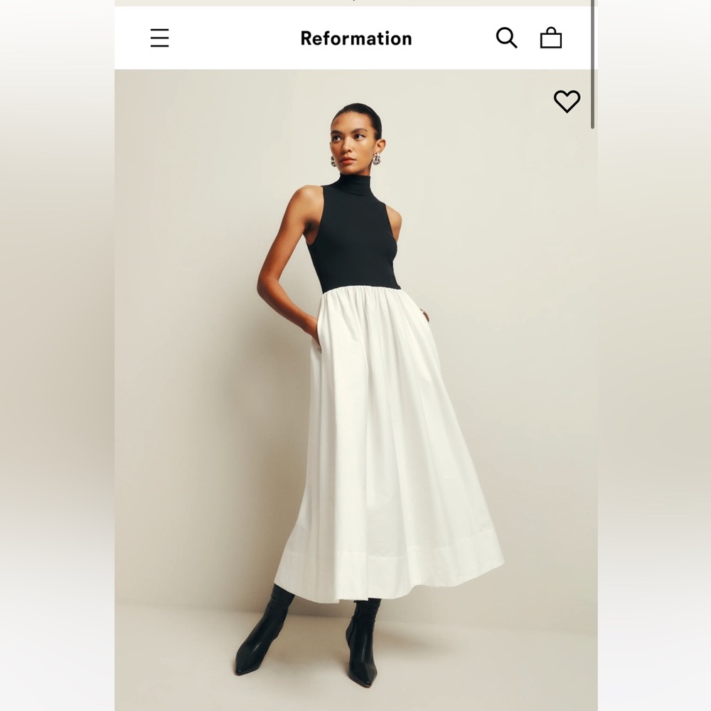 Reformation Black turtle neck top and white skirt dresss